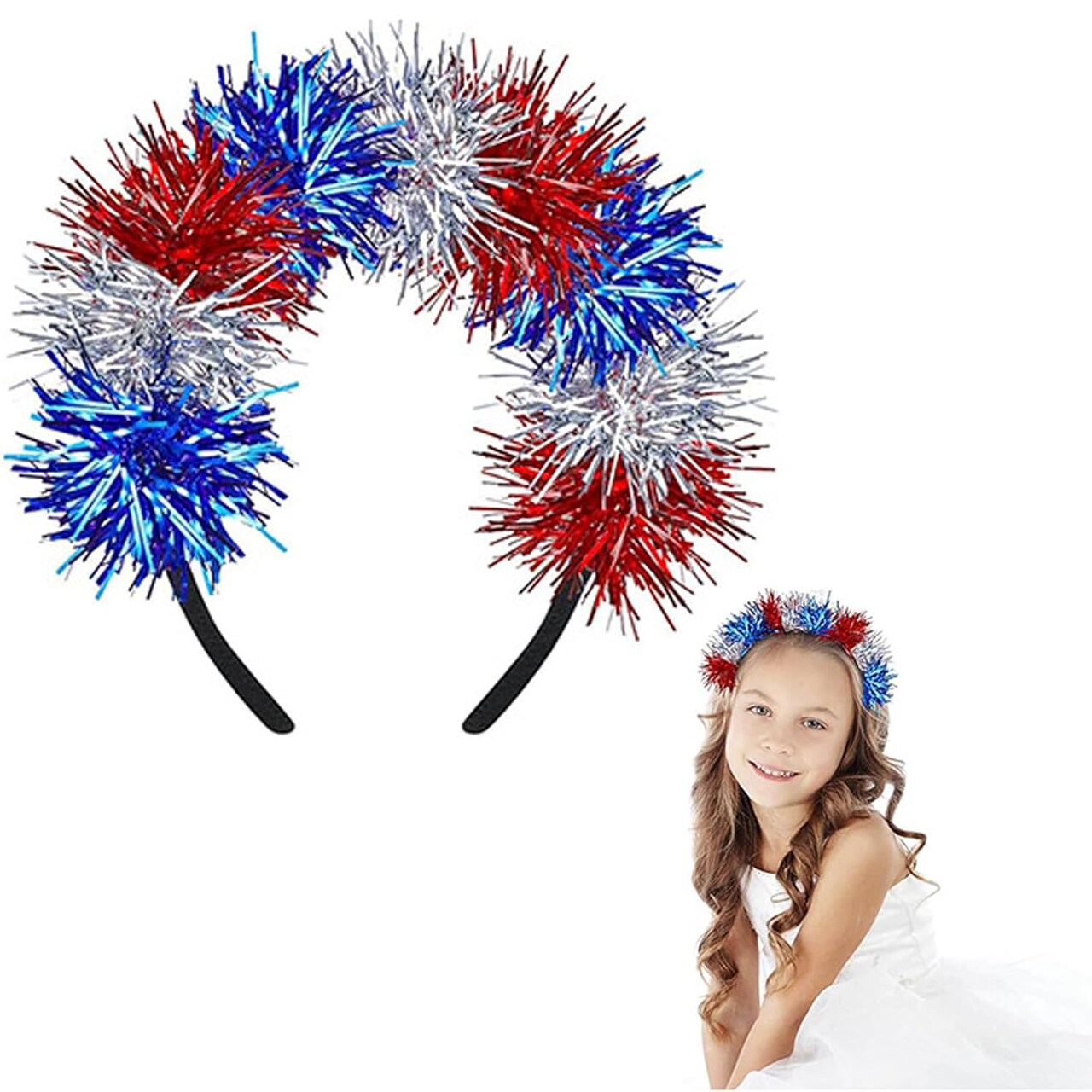 Flashing 4th of July Headband for Women – Patriotic LED Hair Hoop with Red White & Blue Glitter Tinsel – Light Up Independence Day Party Favor